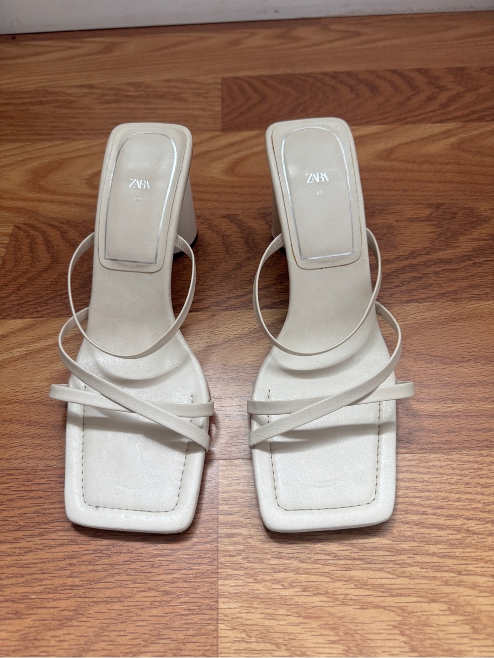 Zara Ivory Strappy Square-Toe Block Heel Sandals